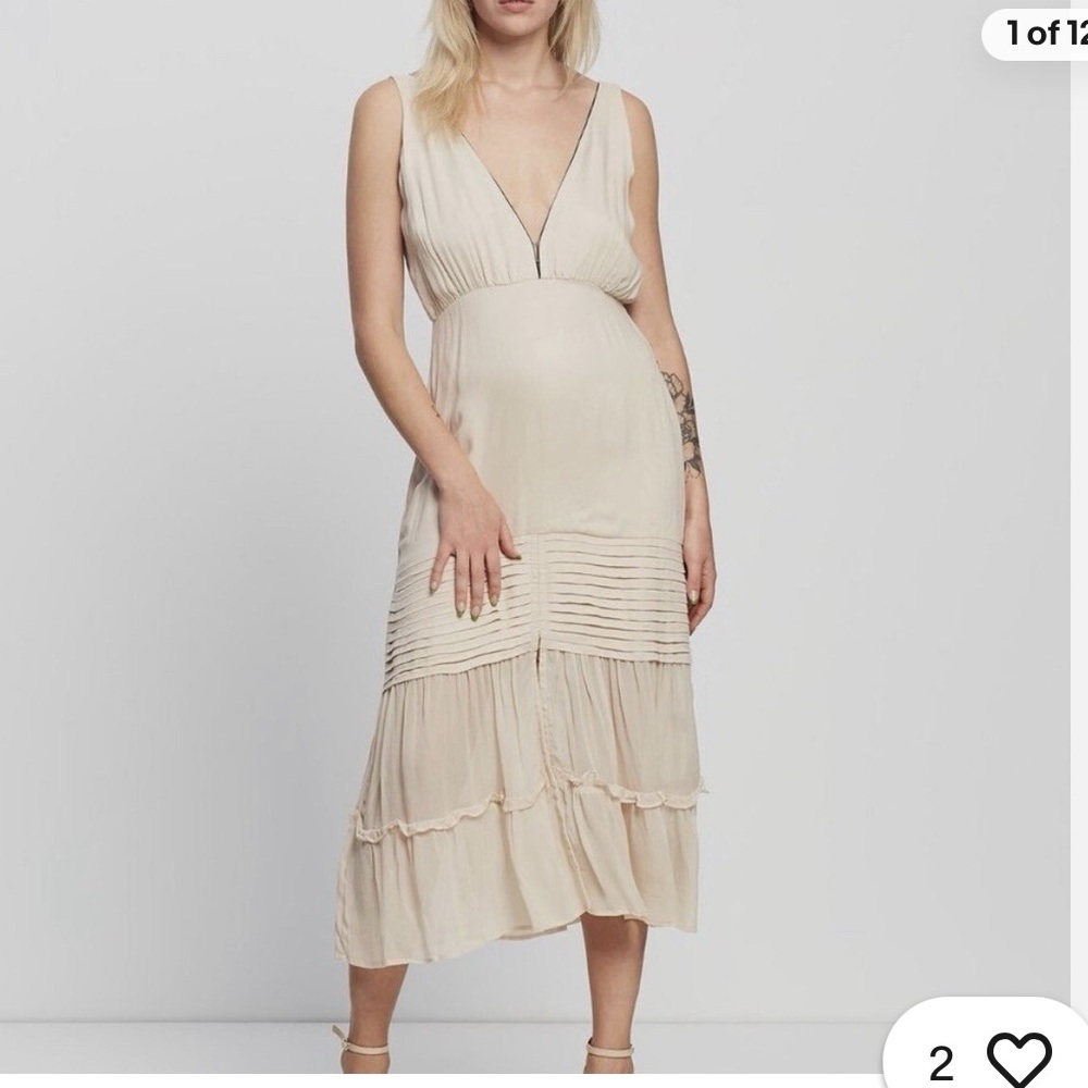 NWT Aura The Label Lauren Midi Dress Plunging V Neck Cream Large Slit Boho Chic